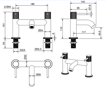 Alderley fluted bath filler - chrome dimensions diagram