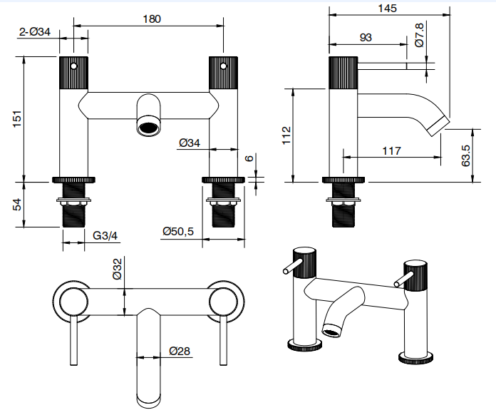 Alderley fluted bath filler - brushed brass dimensions diagram
