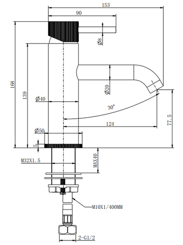 Alderley fluted cold start mono basin mixer with sprung waste - chrome dimensions diagram