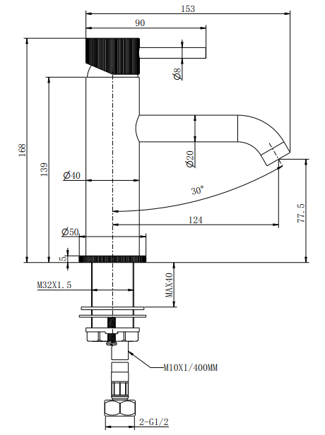 Alderley fluted cold start mono basin mixer with sprung waste - matt black dimensions diagram
