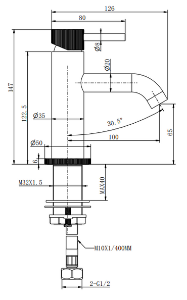 Alderley fluted mini mono basin mixer with sprung waste - chrome dimensions diagram