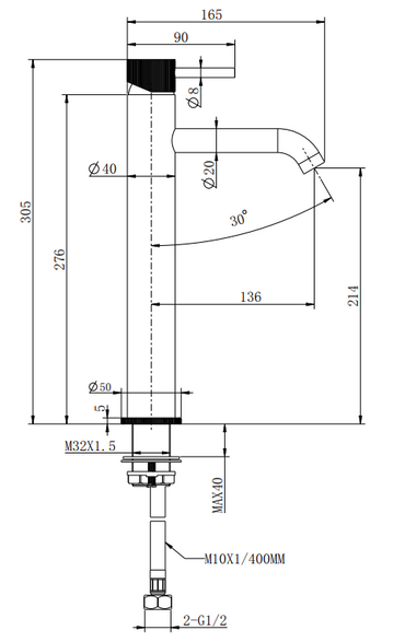 Alderley fluted cold start tall mono basin mixer - chrome dimensions diagram