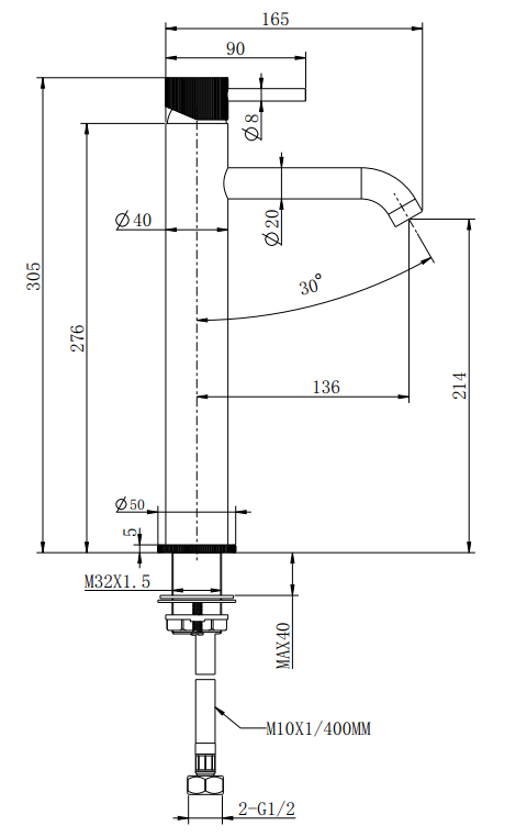 Alderley fluted cold start tall mono basin mixer - chrome dimensions diagram