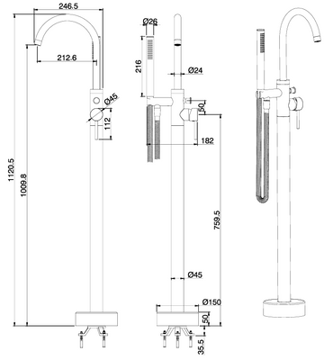 Alderley fluted freestanding bath shower mixer - chrome dimensions diagram