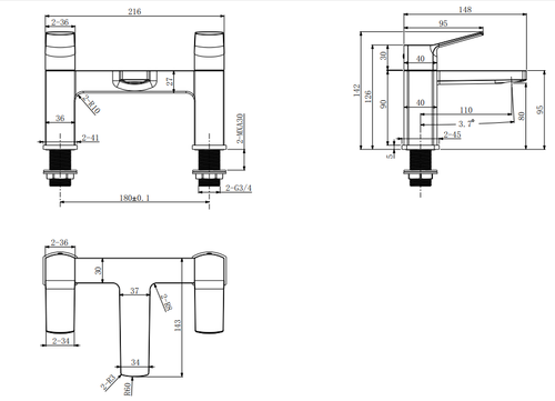 Fairford bath filler - brushed gold dimensions diagram