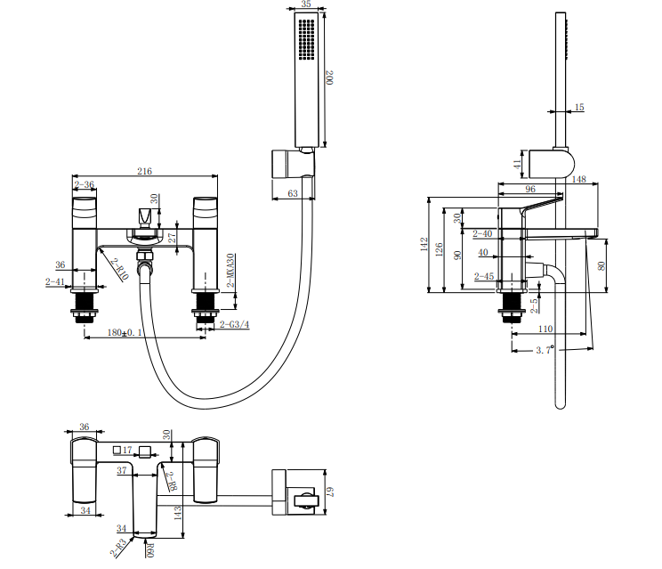 Fairford bath shower mixer with shower kit - chrome dimensions diagram