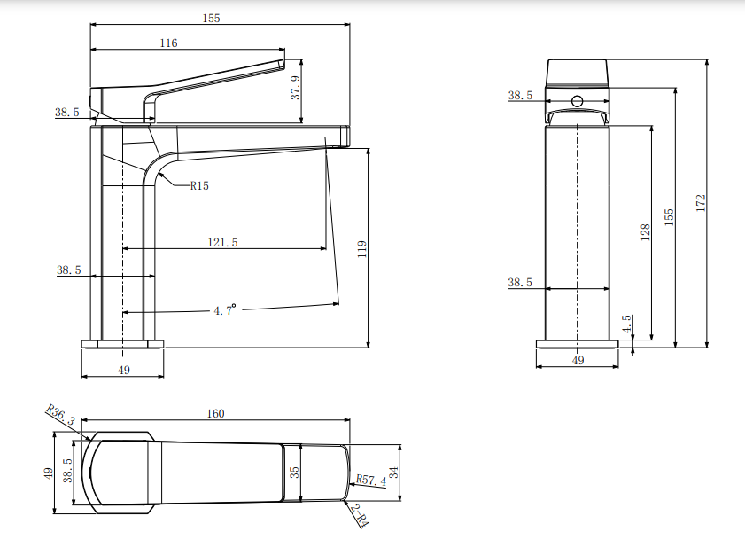 Fairford mono basin mixer with sprung waste - chrome dimensions diagram