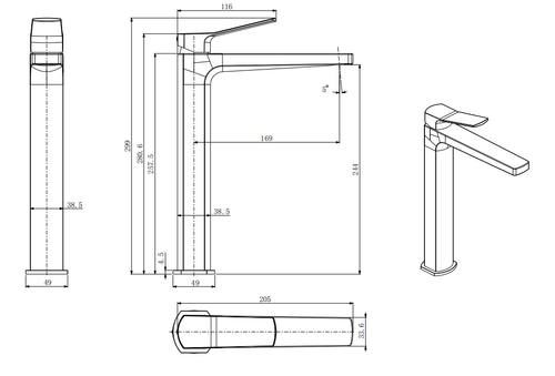 Fairford tall mono basin mixer - brushed gold dimensions diagram