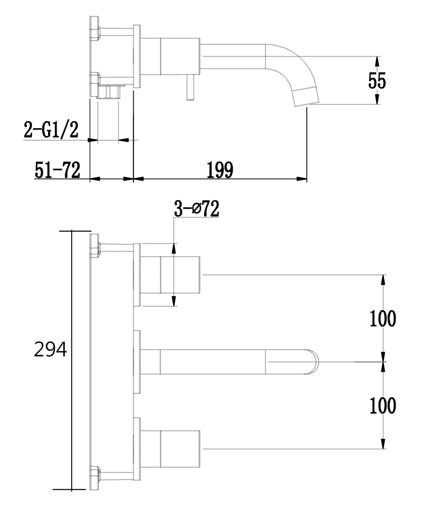 Girton wall mounted basin mixer with EZ box - chrome dimensions diagram