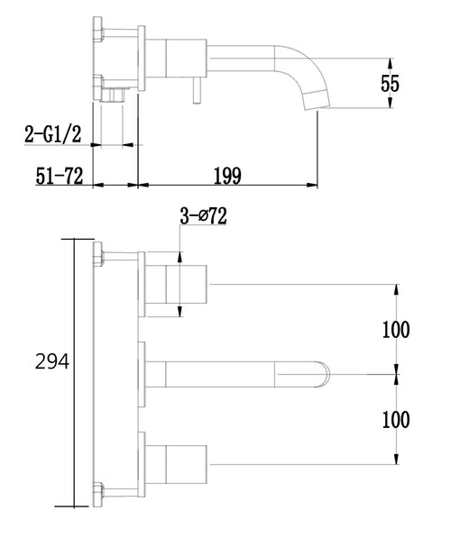 Girton wall mounted basin mixer with EZ box - chrome dimensions diagram