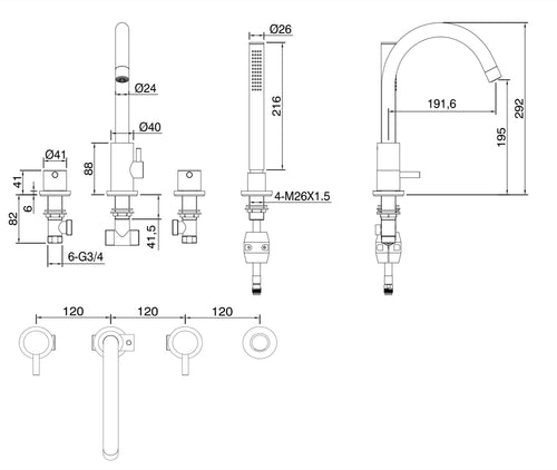 Girton 4 holes deck mounted bath shower mixer - matt black dimensions diagram