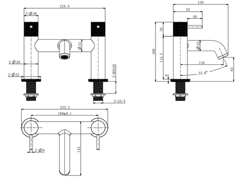 Garrick diamond knurled bath filler - brushed brass dimensions diagram
