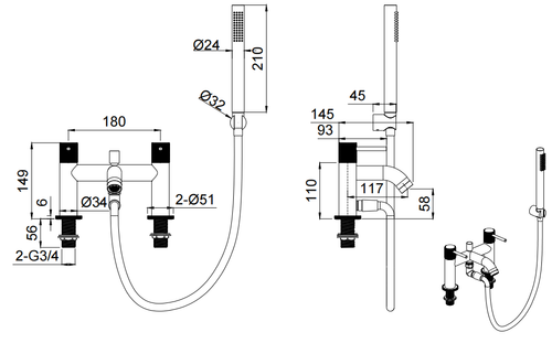 Garrick diamond knurled bath shower mixer with shower kit - chrome dimensions diagram
