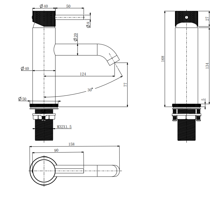 Garrick diamond knurled cold start mono basin mixer with sprung waste - brushed brass dimensions diagram
