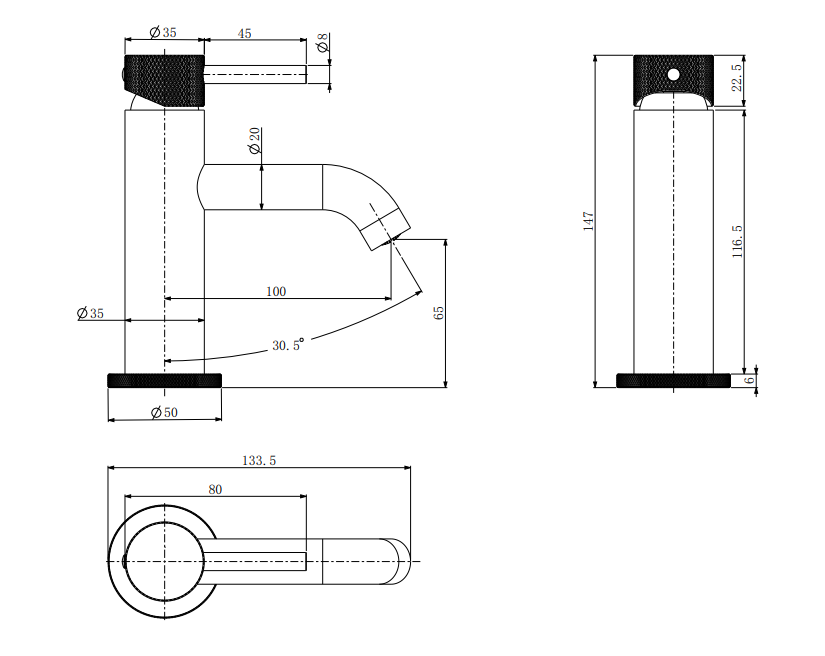 Garrick diamond knurled mini mono basin mixer with sprung waste - brushed gold dimensions diagram