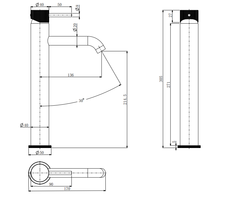 Garrick diamond knurled cold start tall mono basin mixer - brushed bronze dimensions diagram