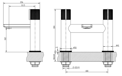 Malden knurled handle bath filler - chrome dimensions diagram