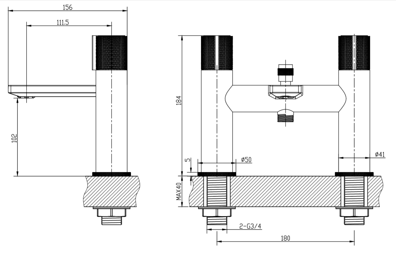 Malden knurled handle bath shower mixer with shower kit - chrome dimensions diagram