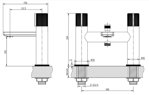 Malden knurled handle bath shower mixer with shower kit - chrome dimensions diagram