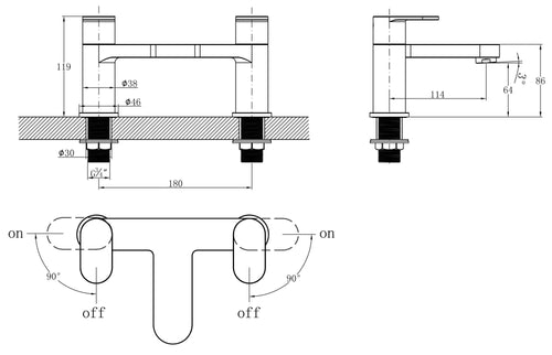 Penrith bath filler - chrome dimensions diagram
