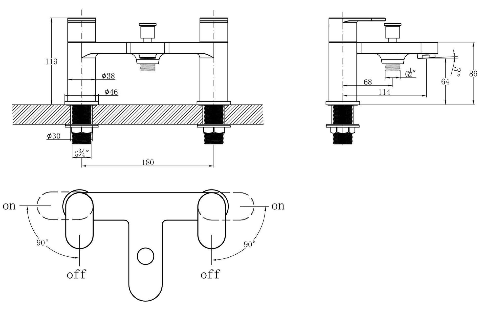 Penrith bath shower mixer with shower kit - chrome dimensions diagram