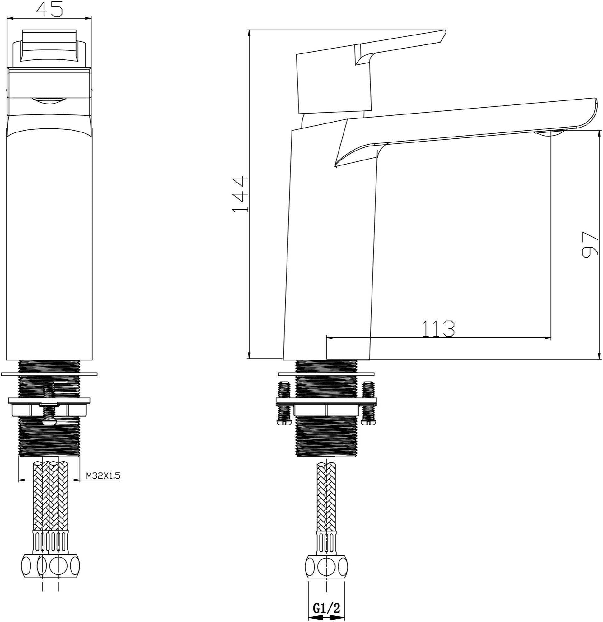 Ullswater mono basin mixer with sprung waste - chrome dimensions diagram