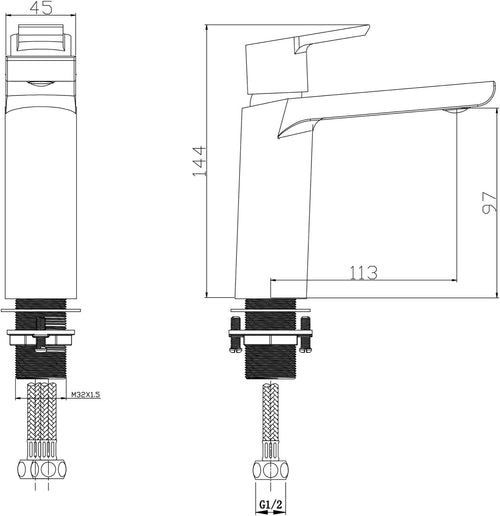 Ullswater mono basin mixer with sprung waste - chrome dimensions diagram