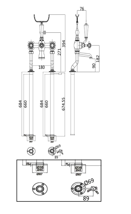 Wenlock bath shower mixer with shower kit - chrome dimensions diagram