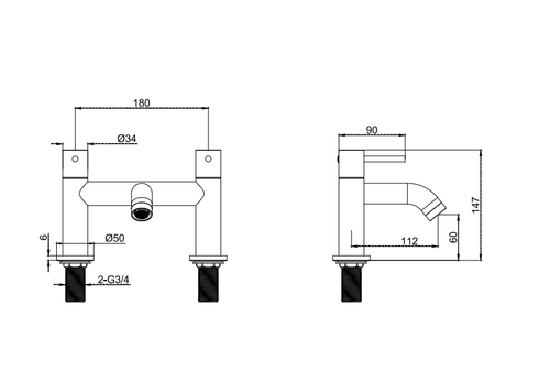 Cawood Deck Mounted Bath Filler - Brushed Brass dimensions diagram