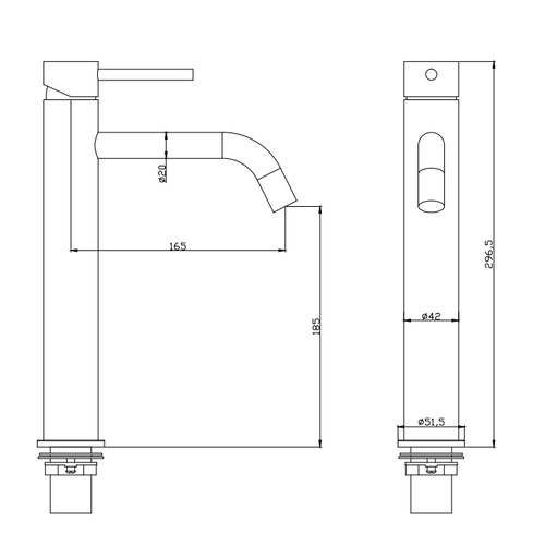 Cawood Tall Basin Mono Mixer - Chrome dimensions diagram