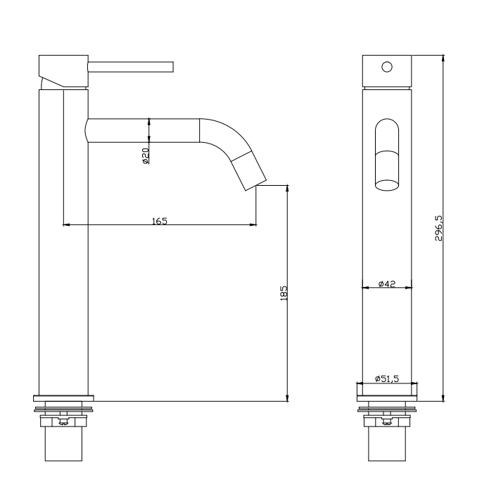 Cawood Tall Basin Mono Mixer - Brushed Brass dimensions diagram