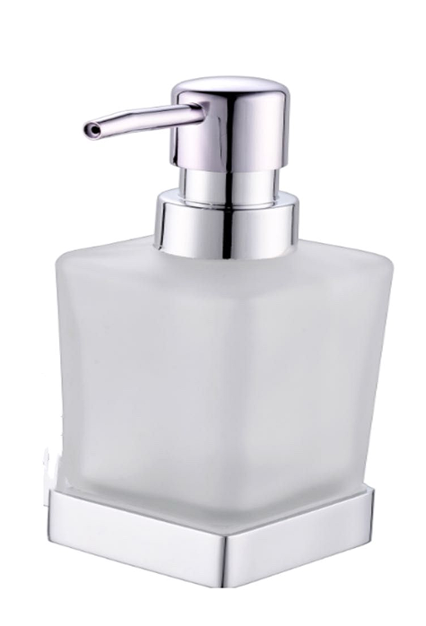 A frosted glass soap dispenser with a polished chrome pump and base, shown on a plain white background.