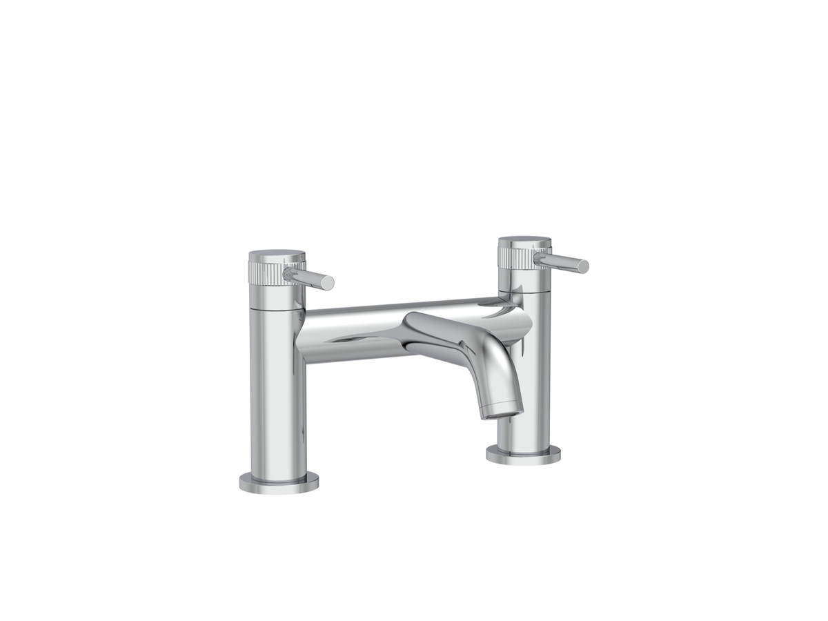 A polished chrome double-handle bridge faucet with a curved spout, shown against a plain white background.