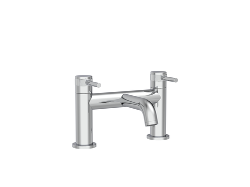 A polished chrome double-handle bridge faucet with a curved spout, shown against a plain white background.