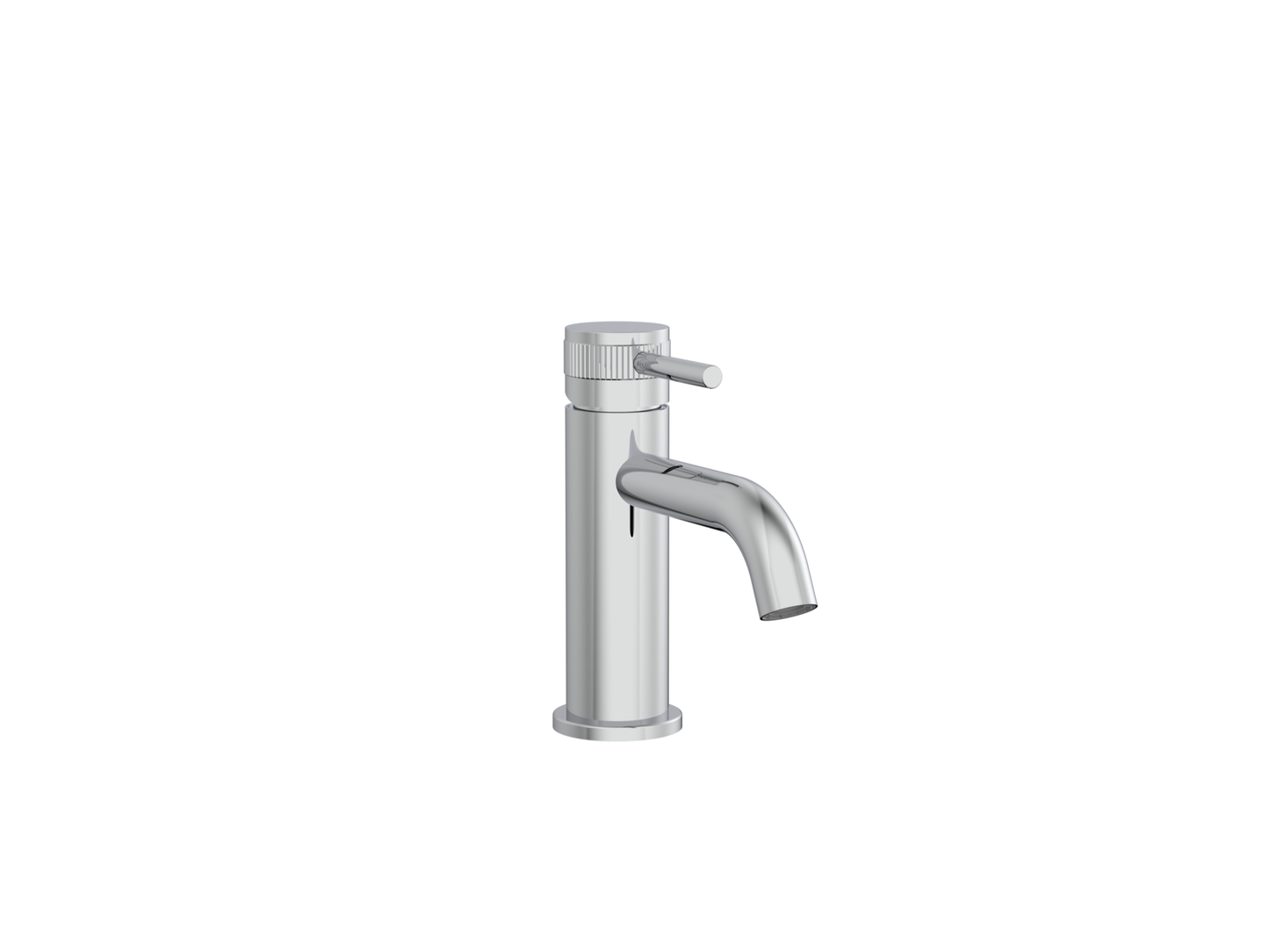 A modern single-handle bathroom faucet with a polished chrome finish, featuring a curved spout and a small side lever handle, shown against a plain white background.