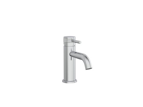 A modern single-handle bathroom faucet with a polished chrome finish, featuring a curved spout and a small side lever handle, shown against a plain white background.