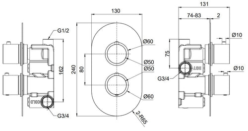 Brancaster Single outlet concealed thermostatic - Chrome dimensions diagram