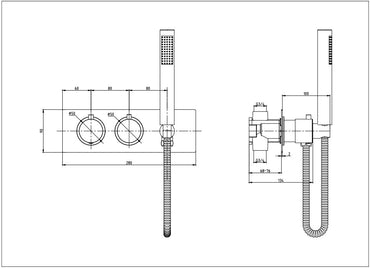 Calverley 2 outlet 2 knobs concealed thermostatic - Chrome dimensions diagram