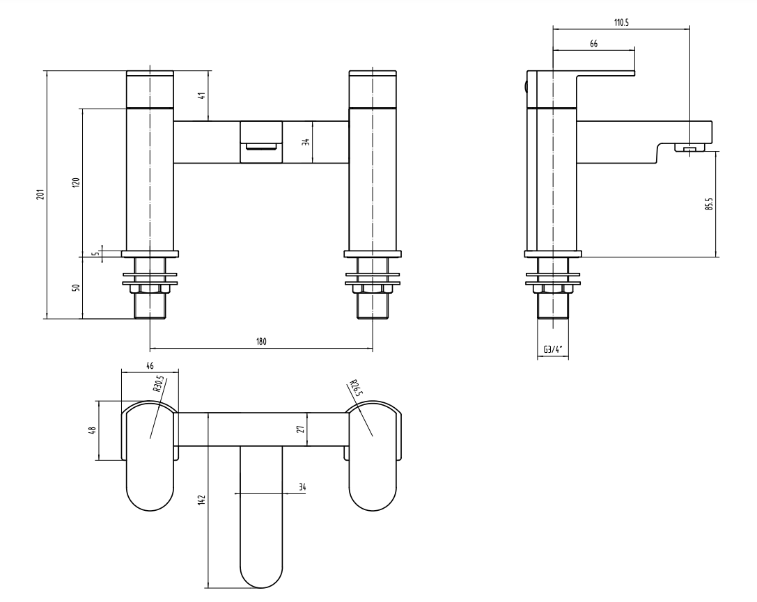 Danbury Bath Filler - Matt Black dimensions diagram