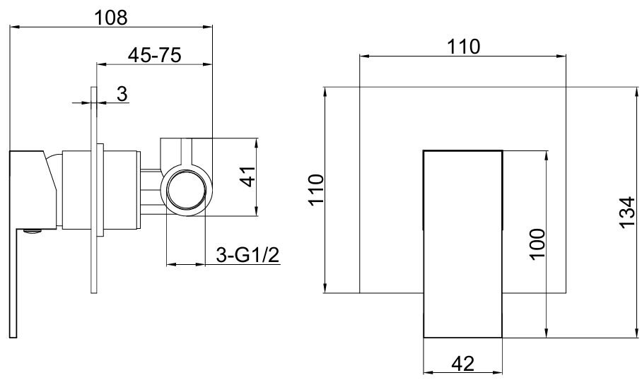 Elveden Wall mounted concealed mixer - Chrome dimensions diagram