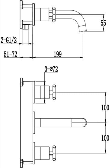 Ibstock Wall Mounted Basin Bath Mixer - Chrome dimensions diagram