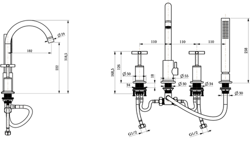 Ibstock Deck mounted 4 hole bath shower - Chrome dimensions diagram
