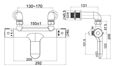 Lambourn Deck Mounted Thermostatic Bath Shower - Chrome dimensions diagram