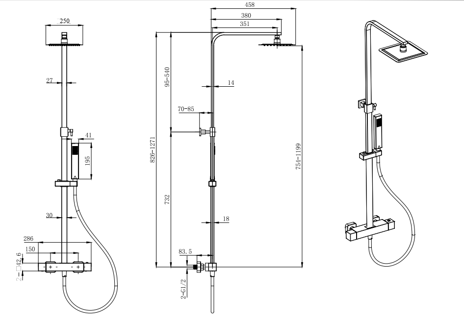 Malton Brushed Brass Cool Touch Thermostatic Shower - Brushed Brass dimensions diagram