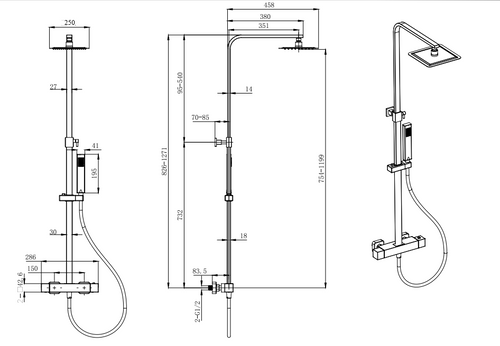 Malton Brushed Brass Cool Touch Thermostatic Shower - Brushed Brass dimensions diagram