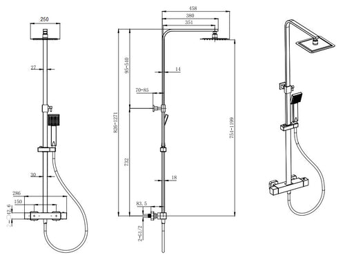Malton Cool Touch Thermostatic Shower - Chrome dimensions diagram