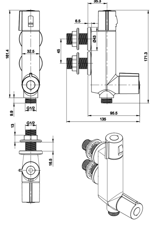 Malton Mini Thermostatic Valve - Chrome dimensions diagram