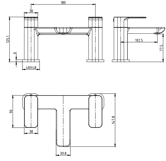 Marden Deck mounted bath filler - Chrome dimensions diagram