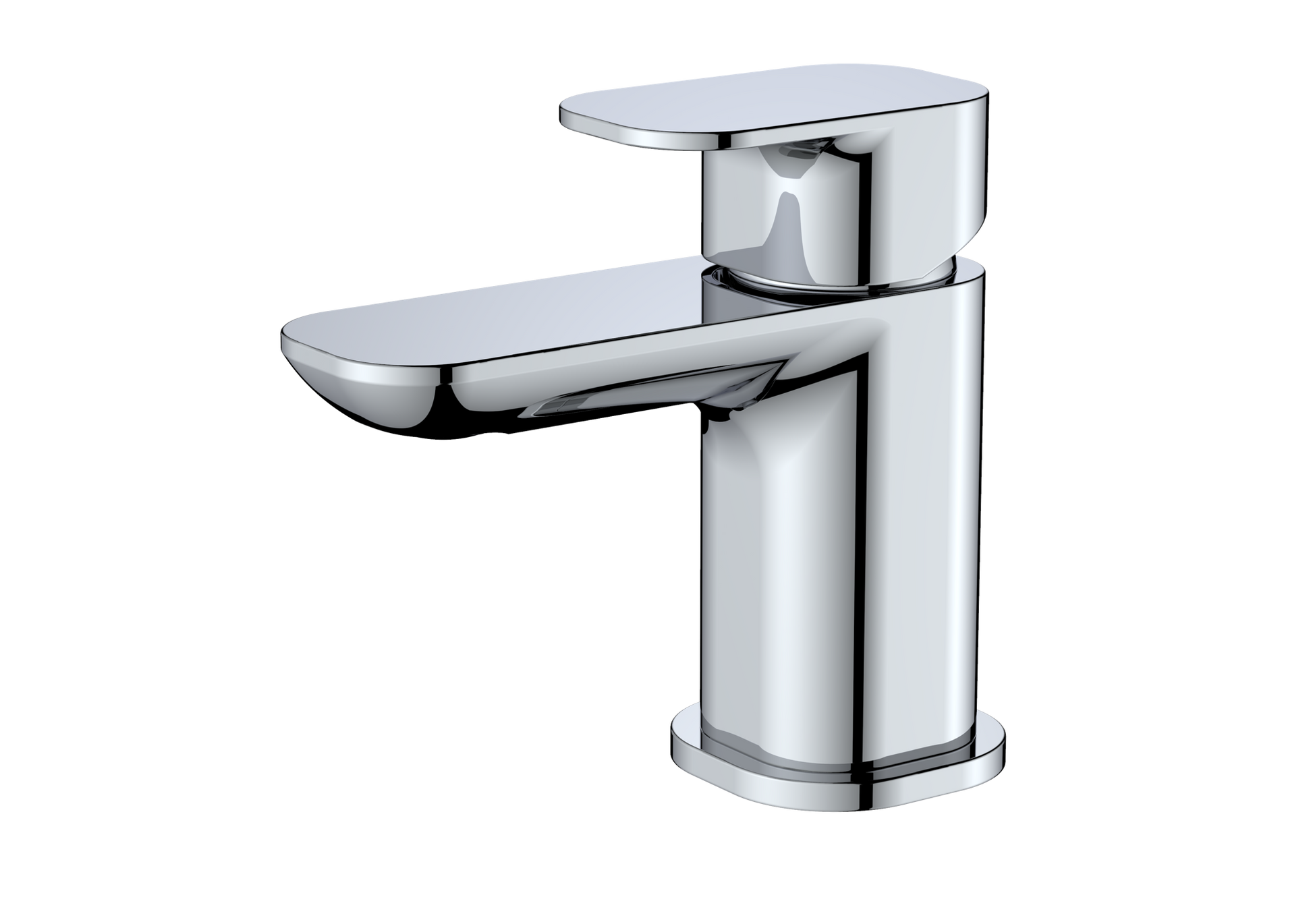 A modern single-handle bathroom faucet with a polished chrome finish, featuring a curved spout and a flat lever handle, shown against a plain white background.