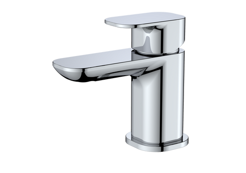A modern single-handle bathroom faucet with a polished chrome finish, featuring a curved spout and a flat lever handle, shown against a plain white background.